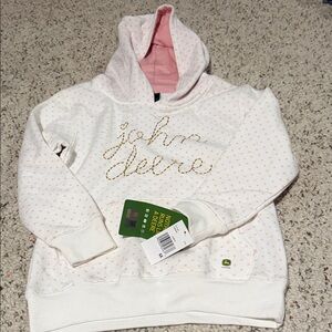 John Deere White Hoodie with Pink Polka Dots and Gold Script